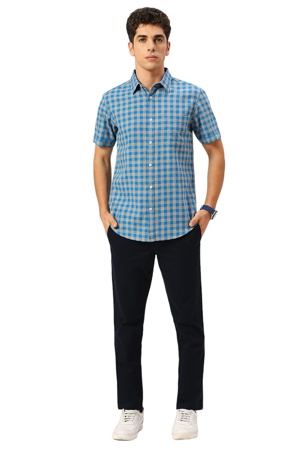 BASICS TAPERED FIT BLUEBERRY NAVY COTTON STRETCH DOBBY TROUSERS