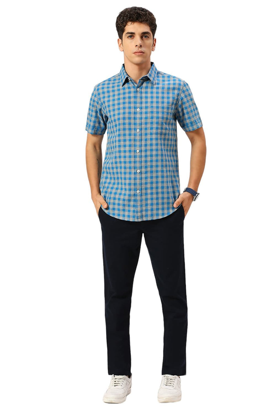 BASICS TAPERED FIT BLUEBERRY NAVY COTTON STRETCH DOBBY TROUSERS