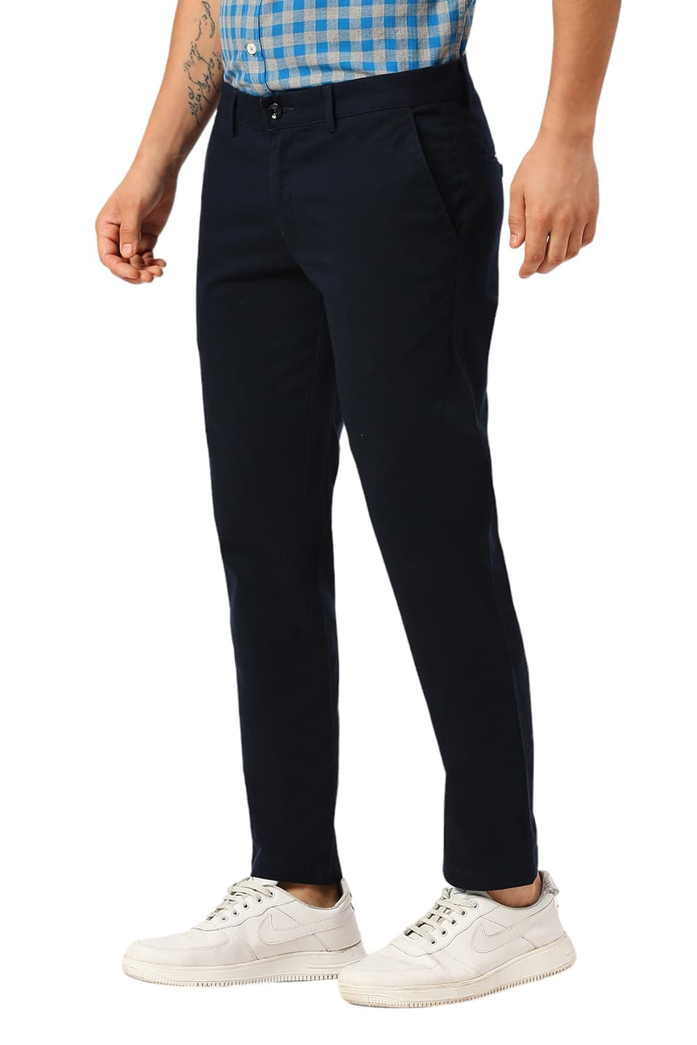 BASICS TAPERED FIT BLUEBERRY NAVY COTTON STRETCH DOBBY TROUSERS