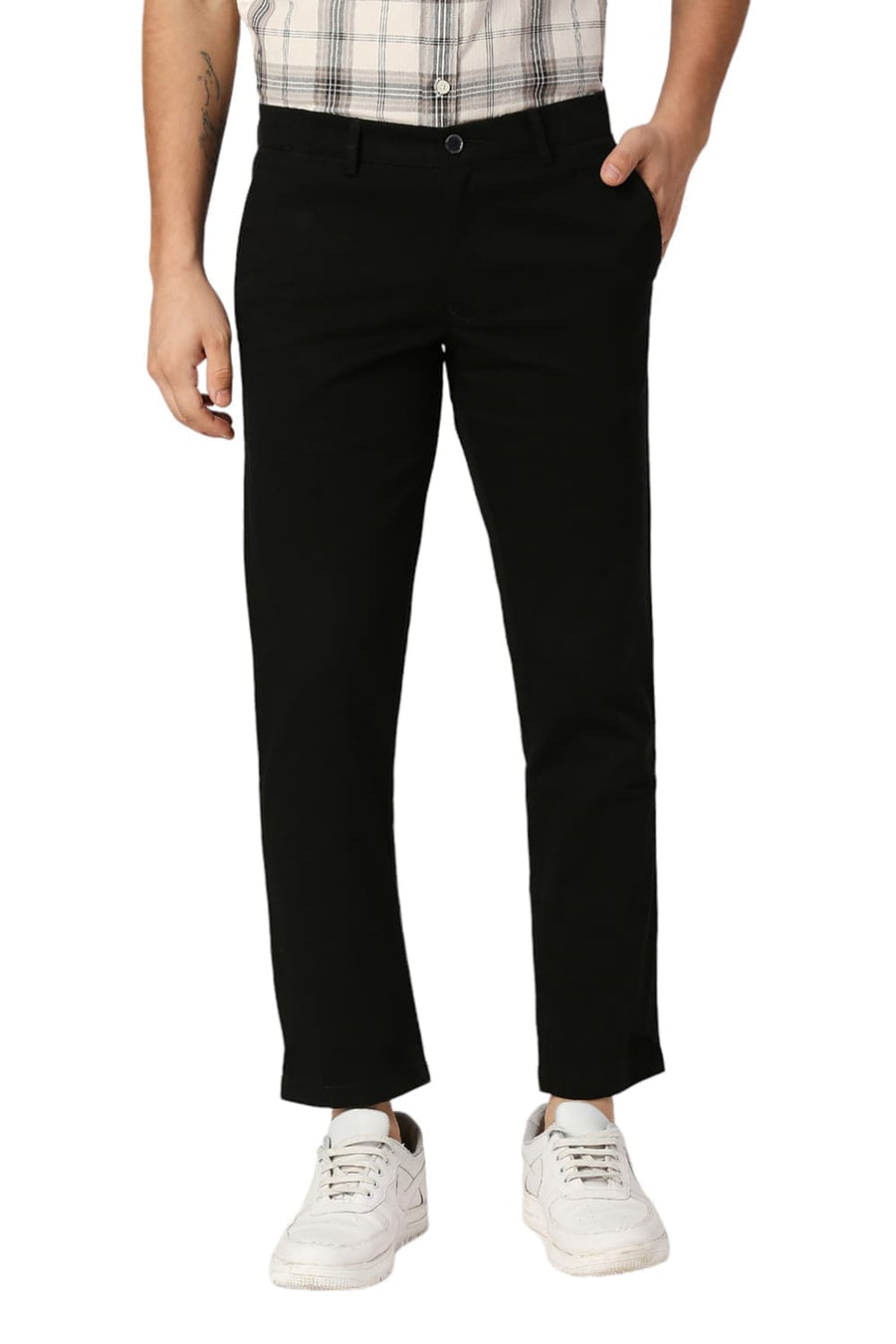 BASICS TAPERED FIT ANTHRACITE BLACK COTTON STRETCH DOBBY TROUSERS
