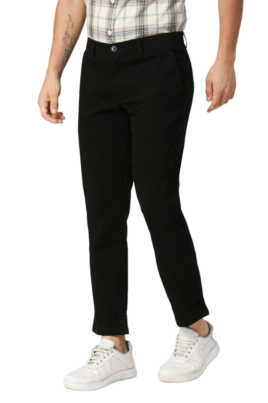 BASICS TAPERED FIT ANTHRACITE BLACK COTTON STRETCH DOBBY TROUSERS