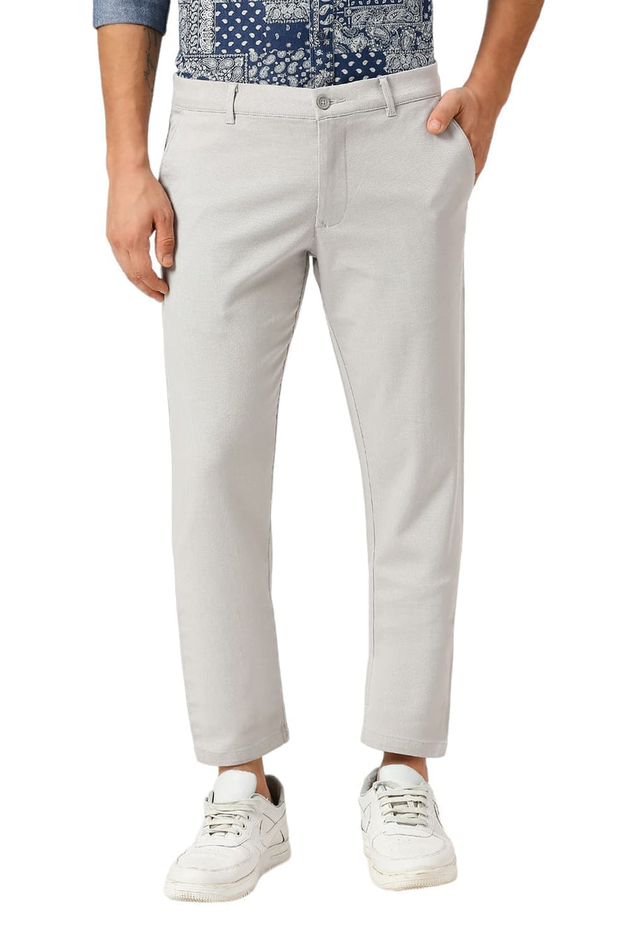 BASICS TAPERED FIT VAPOUR GREY COTTON STRETCH DOBBY TROUSERS