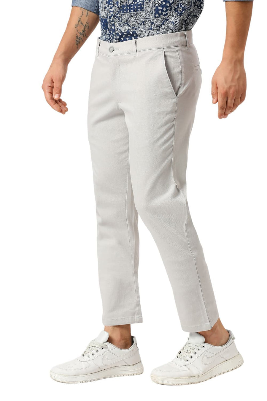 BASICS TAPERED FIT VAPOUR GREY COTTON STRETCH DOBBY TROUSERS