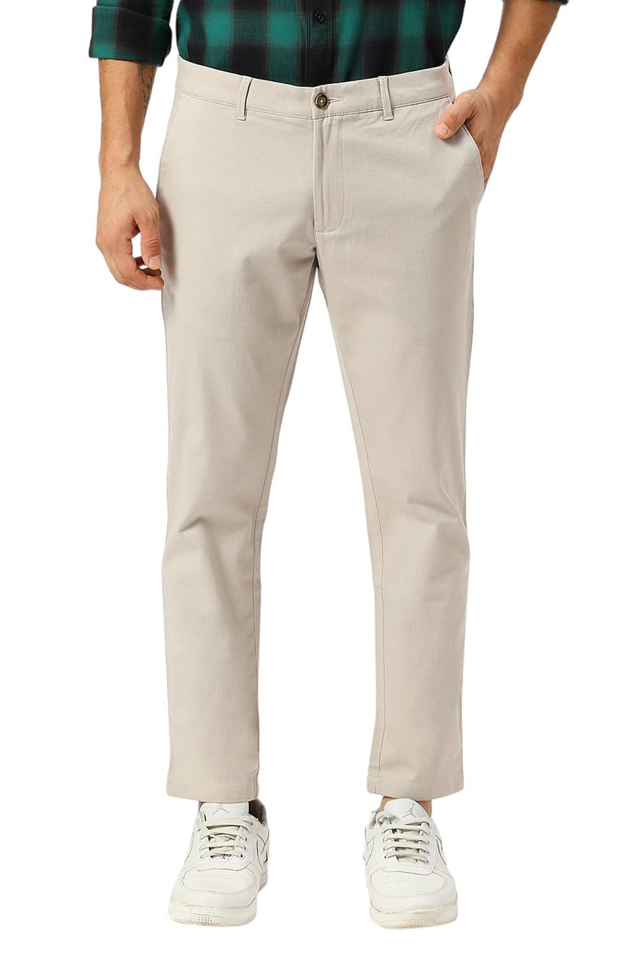 BASICS TAPERED FIT MUSHROOM BEIGE COTTON STRETCH DOBBY TROUSERS