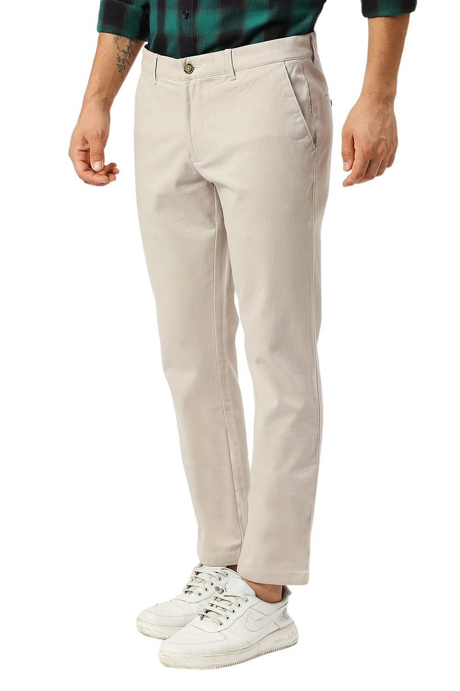 BASICS TAPERED FIT MUSHROOM BEIGE COTTON STRETCH DOBBY TROUSERS