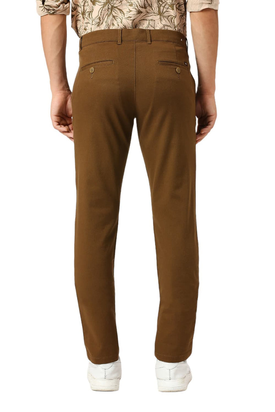 BASICS TAPERED FIT TEAK KHAKI COTTON STRETCH DOBBY TROUSERS