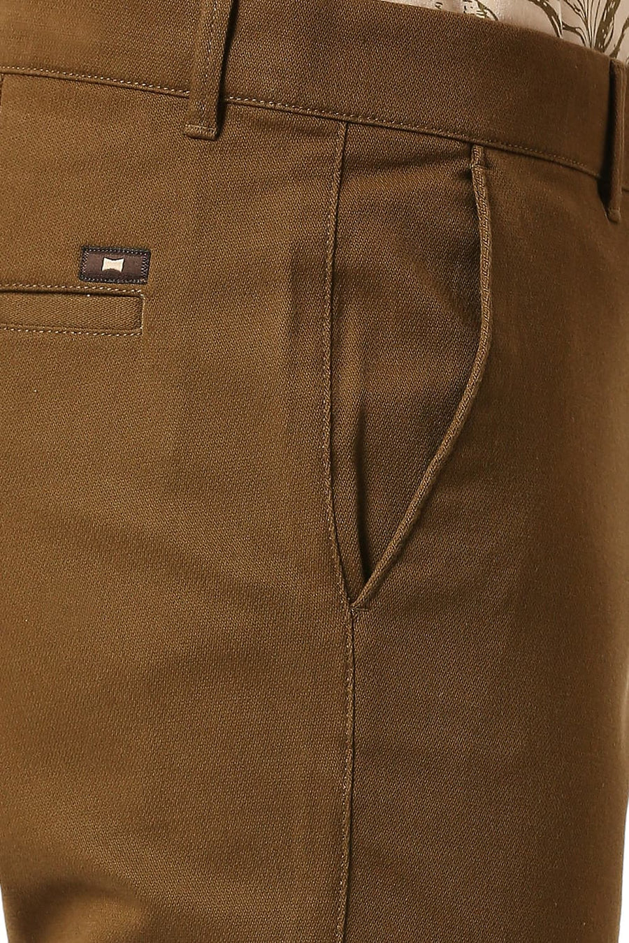 BASICS TAPERED FIT TEAK KHAKI COTTON STRETCH DOBBY TROUSERS