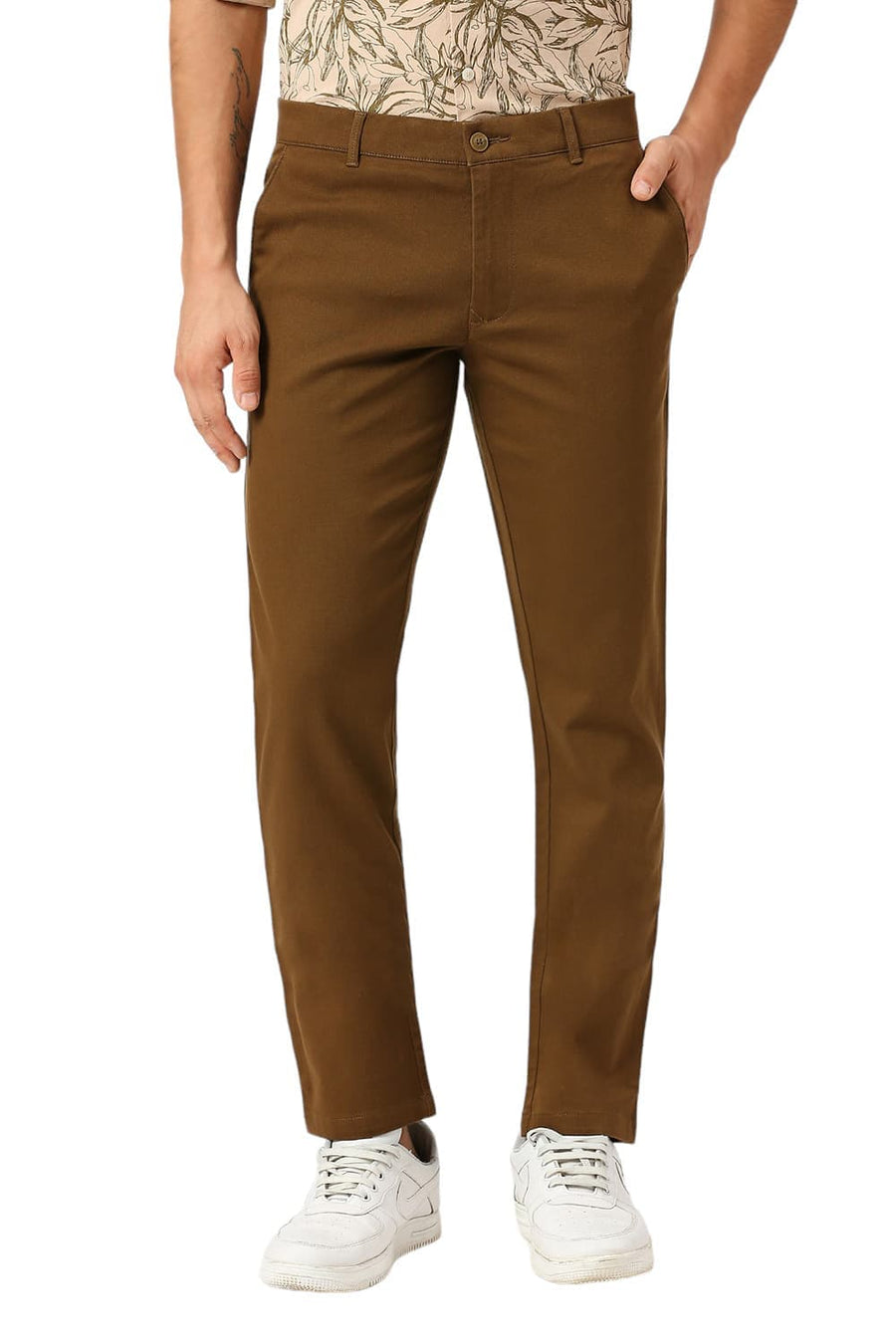 BASICS TAPERED FIT TEAK KHAKI COTTON STRETCH DOBBY TROUSERS