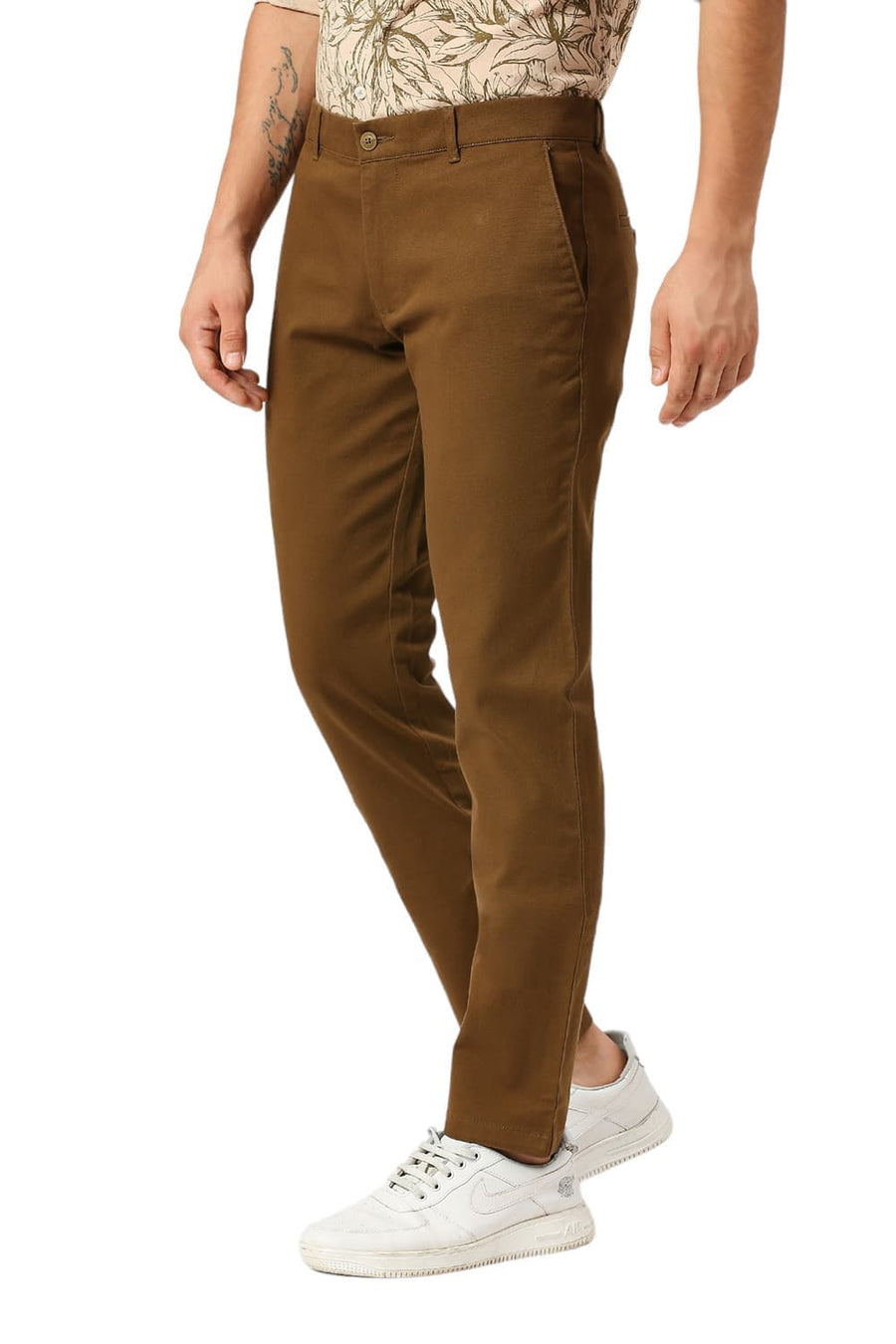 BASICS TAPERED FIT TEAK KHAKI COTTON STRETCH DOBBY TROUSERS