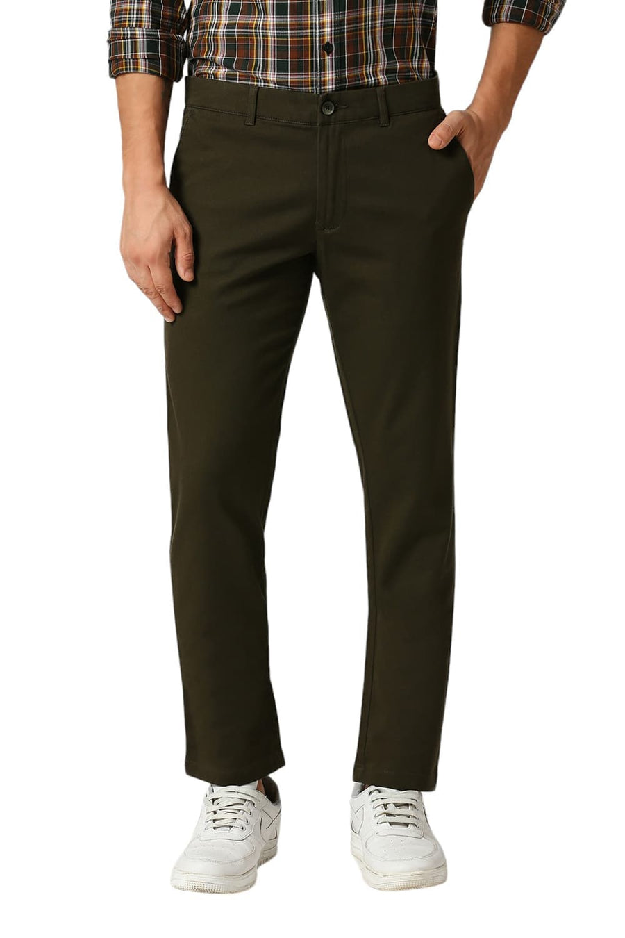 BASICS TAPERED FIT RIFLE GREEN COTTON STRETCH DOBBY TROUSERS