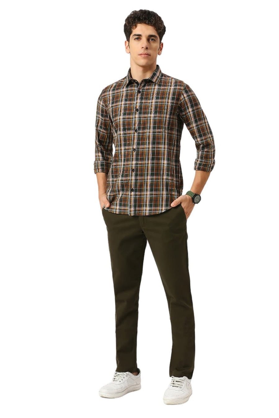 BASICS TAPERED FIT RIFLE GREEN COTTON STRETCH DOBBY TROUSERS