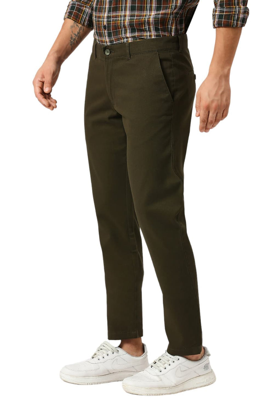 BASICS TAPERED FIT RIFLE GREEN COTTON STRETCH DOBBY TROUSERS