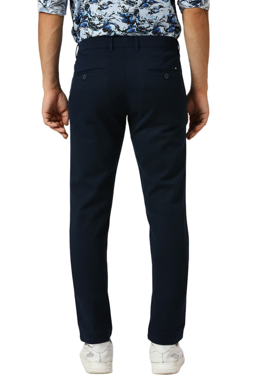 BASICS TAPERED FIT POND NAVY COTTON STRETCH DOBBY TROUSERS