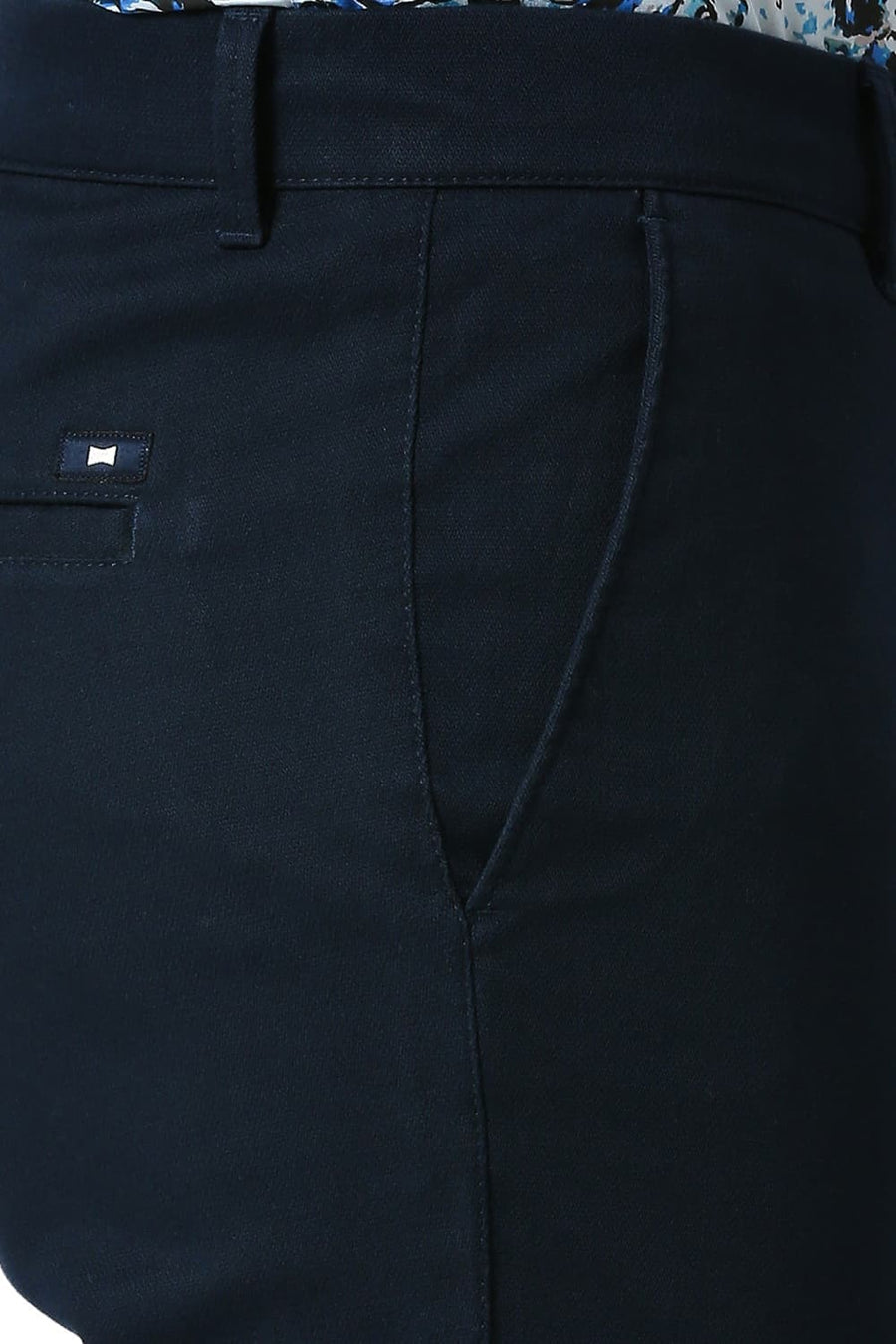 BASICS TAPERED FIT POND NAVY COTTON STRETCH DOBBY TROUSERS