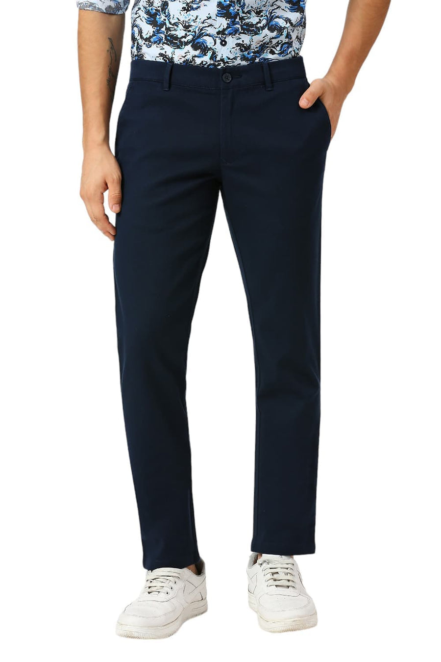 BASICS TAPERED FIT POND NAVY COTTON STRETCH DOBBY TROUSERS