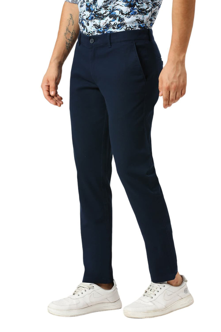 BASICS TAPERED FIT POND NAVY COTTON STRETCH DOBBY TROUSERS