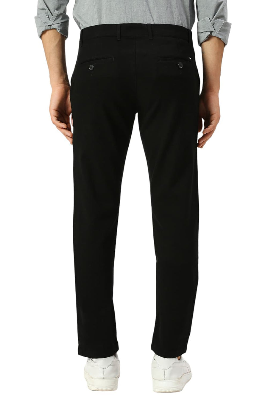 BASICS TAPERED FIT BRISTOL BLACK COTTON STRETCH DOBBY TROUSERS