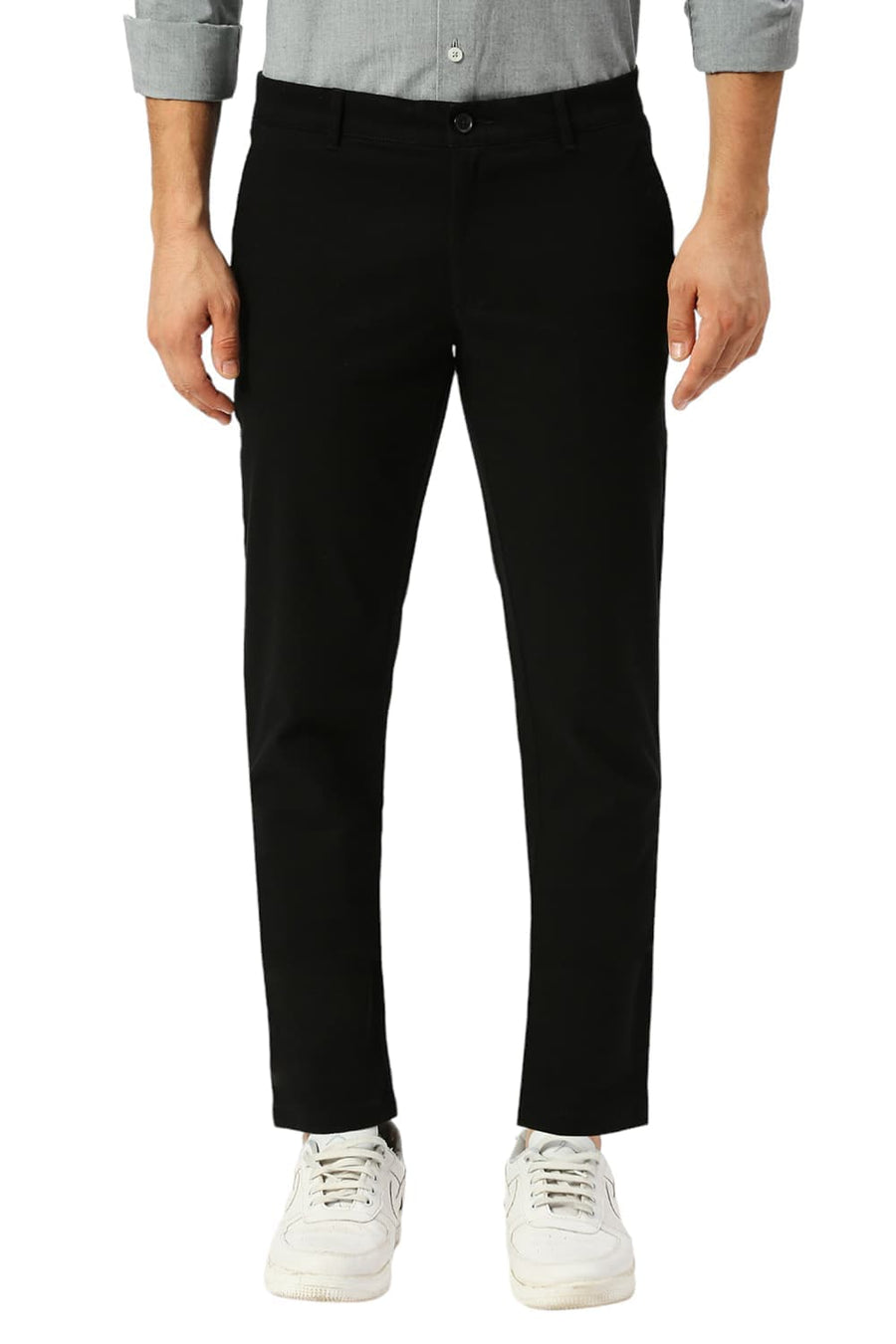 BASICS TAPERED FIT BRISTOL BLACK COTTON STRETCH DOBBY TROUSERS
