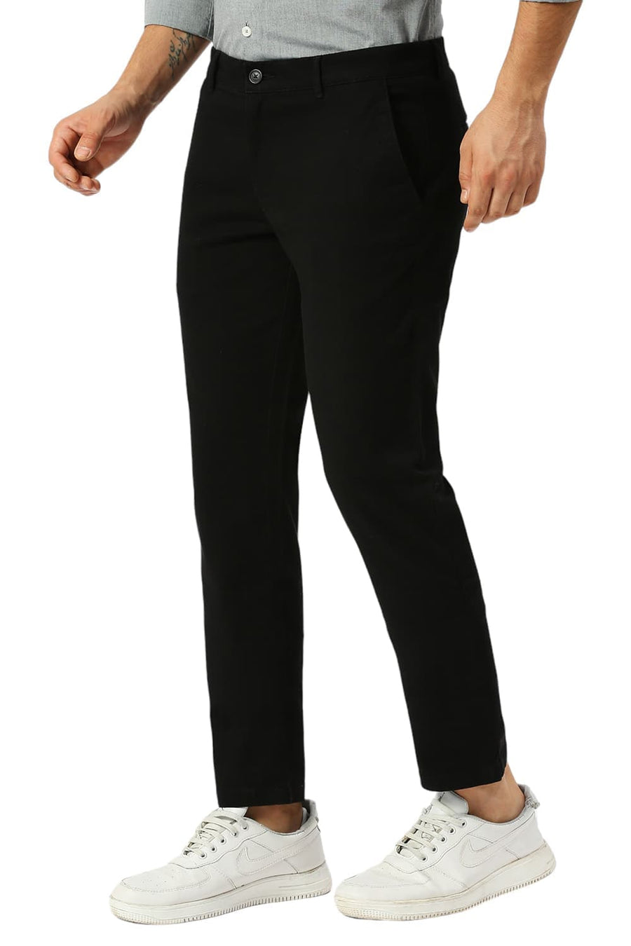 BASICS TAPERED FIT BRISTOL BLACK COTTON STRETCH DOBBY TROUSERS