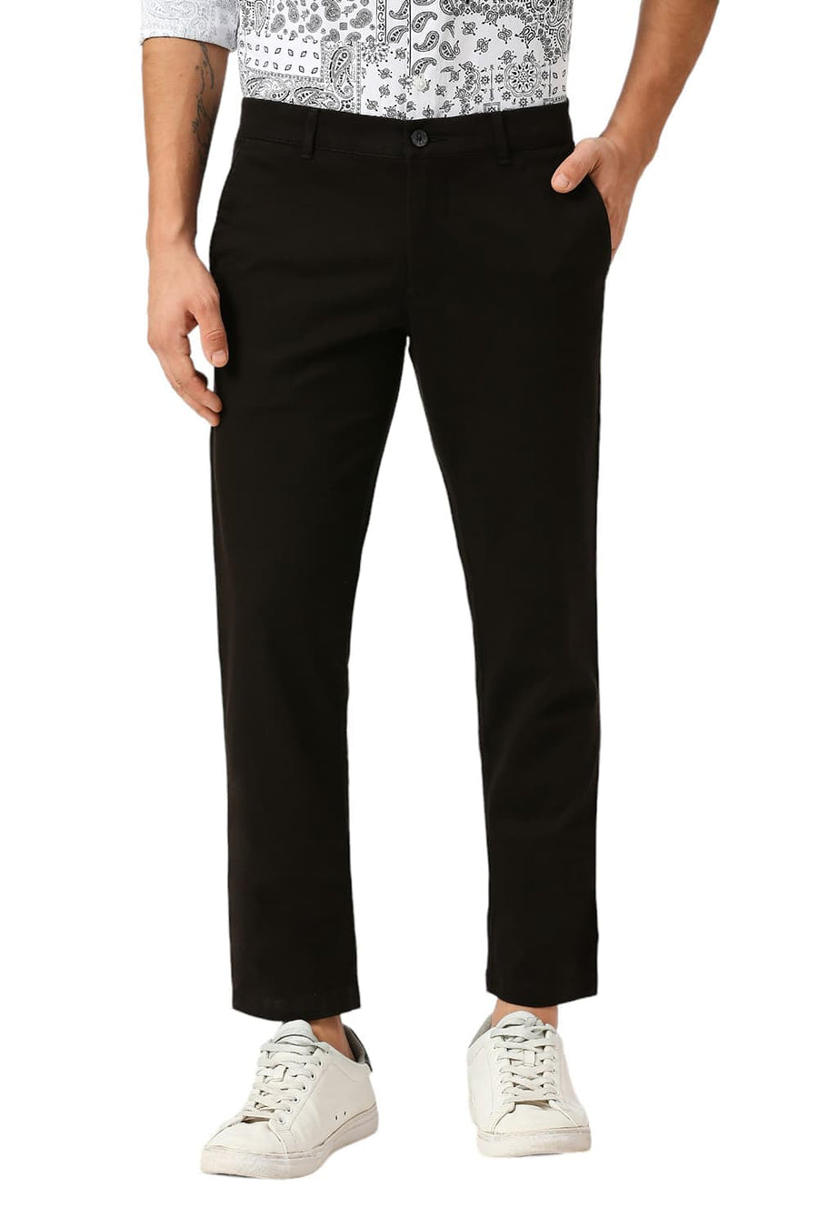 BASICS TAPERED FIT CHOCOLATE BROWN COTTON STRETCH DOBBY TROUSERS