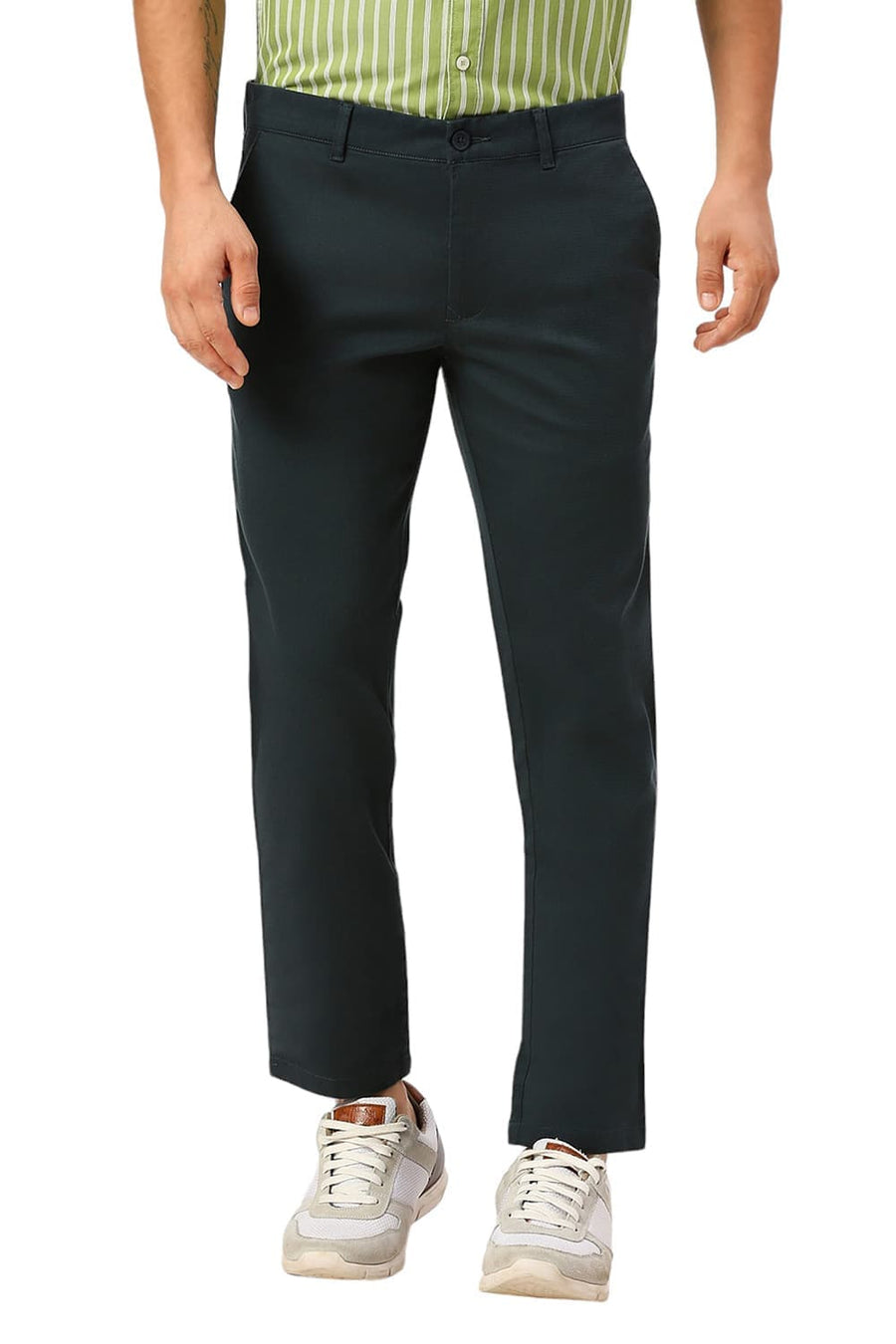 BASICS TAPERED FIT GABLES TEAL COTTON STRETCH DOBBY TROUSERS