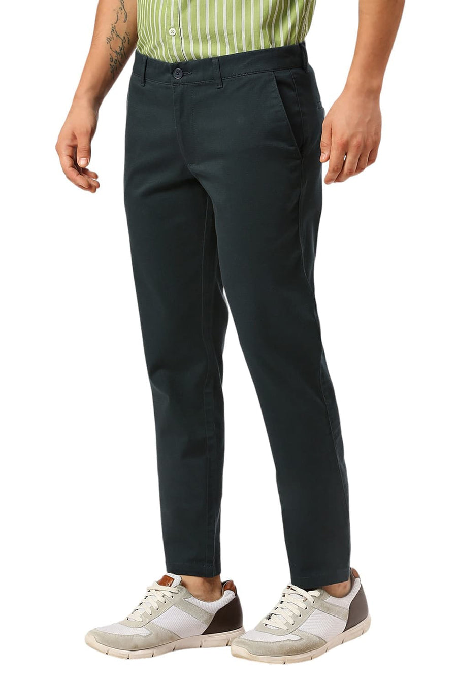 BASICS TAPERED FIT GABLES TEAL COTTON STRETCH DOBBY TROUSERS