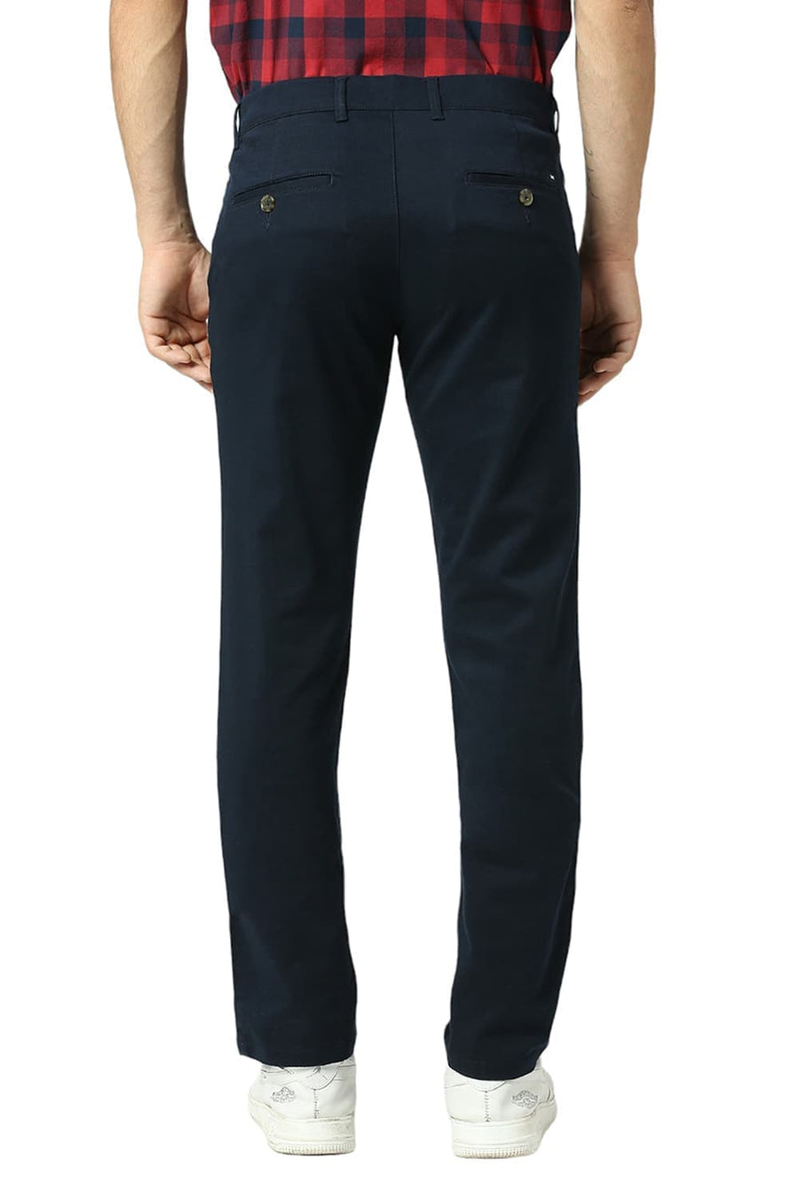 BASICS TAPERED FIT VULCAN NAVY COTTON STRETCH DOBBY TROUSERS