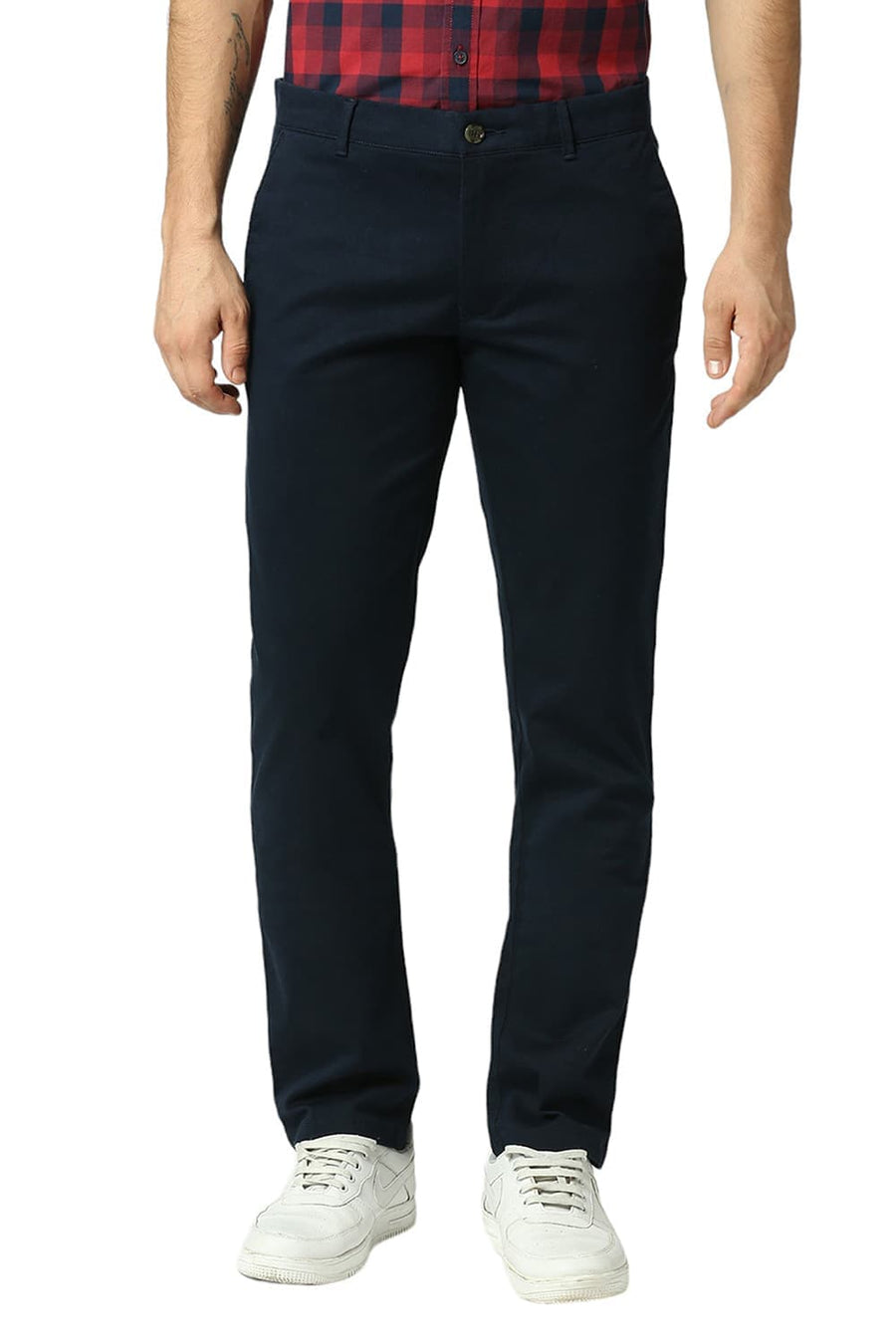 BASICS TAPERED FIT VULCAN NAVY COTTON STRETCH DOBBY TROUSERS
