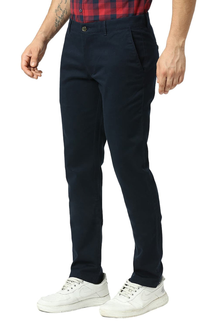 BASICS TAPERED FIT VULCAN NAVY COTTON STRETCH DOBBY TROUSERS