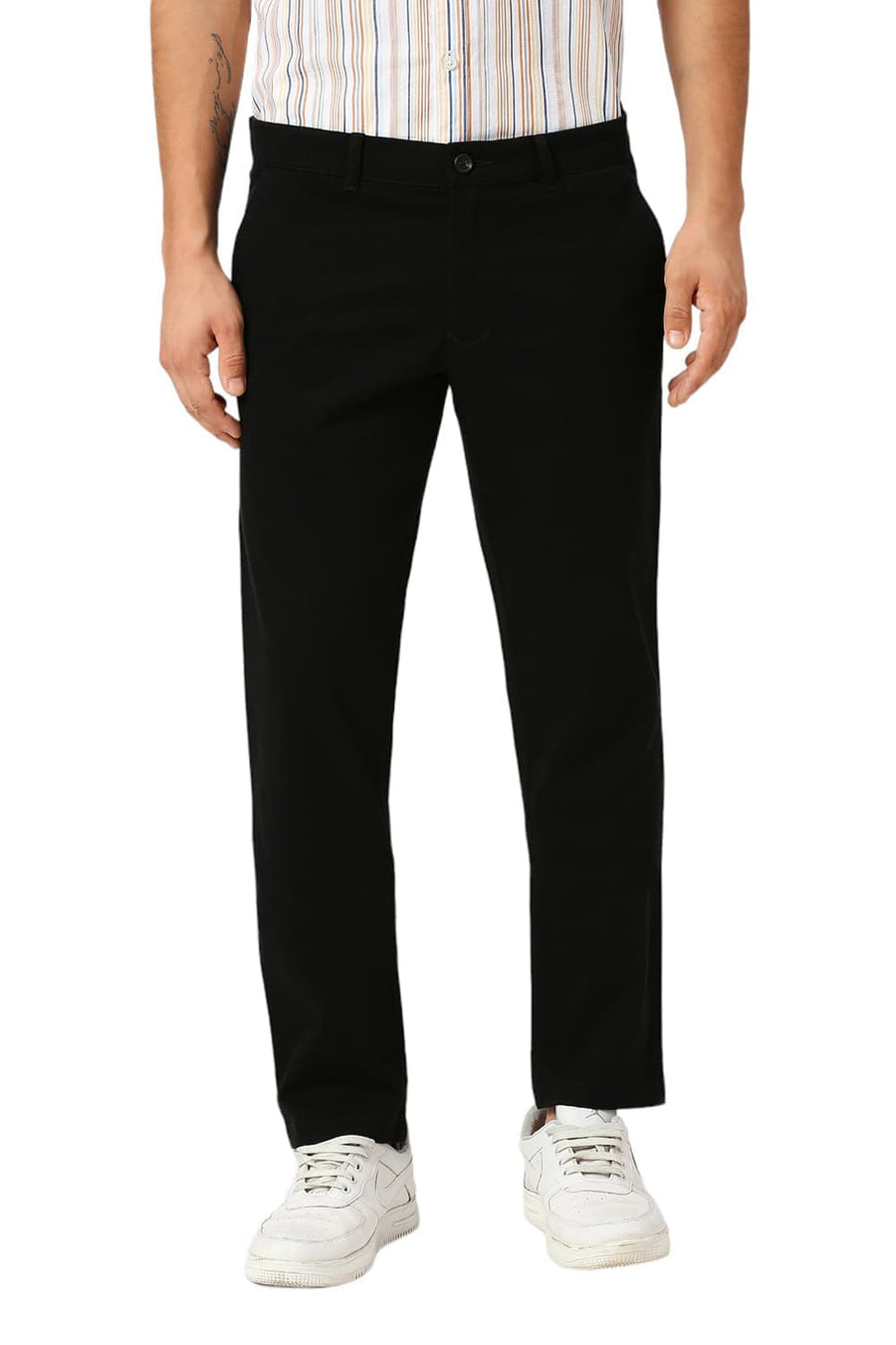 BASICS TAPERED FIT METEORITE BLACK COTTON STRETCH DOBBY TROUSERS