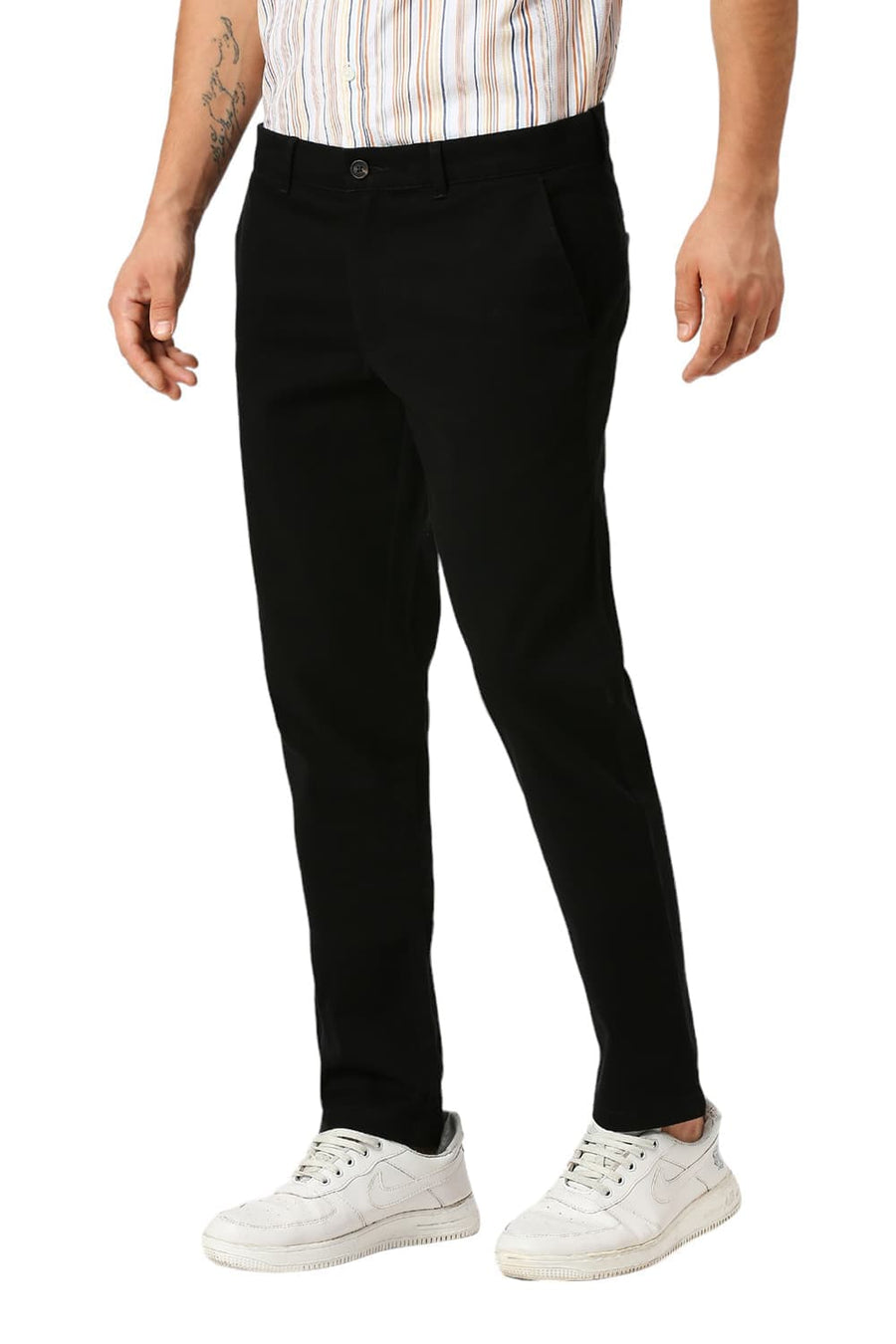 BASICS TAPERED FIT METEORITE BLACK COTTON STRETCH DOBBY TROUSERS