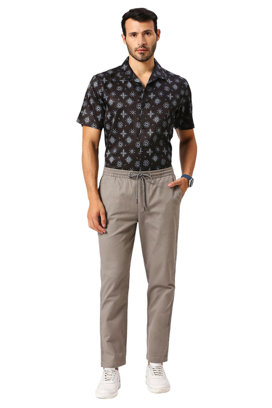 BASICS RELAXED FIT GANITE MID GREY COTTON VISCOSE STRETCH DOBBY TROUSERS