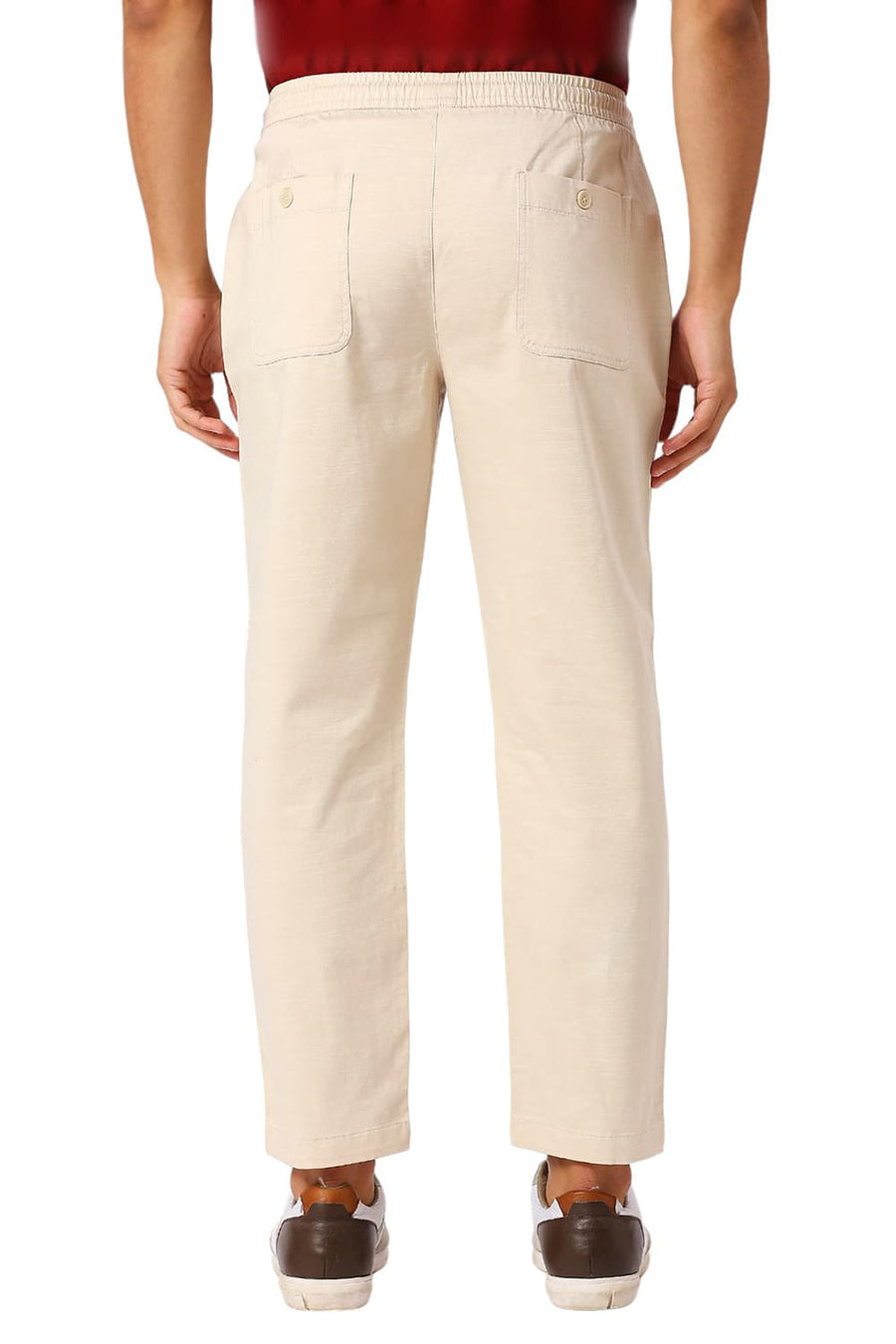 BASICS RELAXED FIT ALMOND BEIGE COTTON STRETCH DOBBY TROUSERS