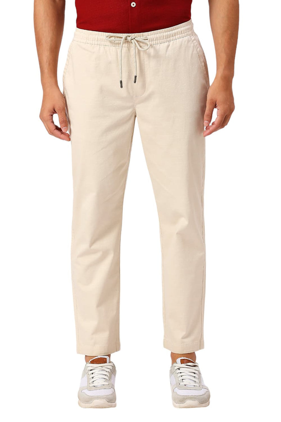 BASICS RELAXED FIT ALMOND BEIGE COTTON STRETCH DOBBY TROUSERS