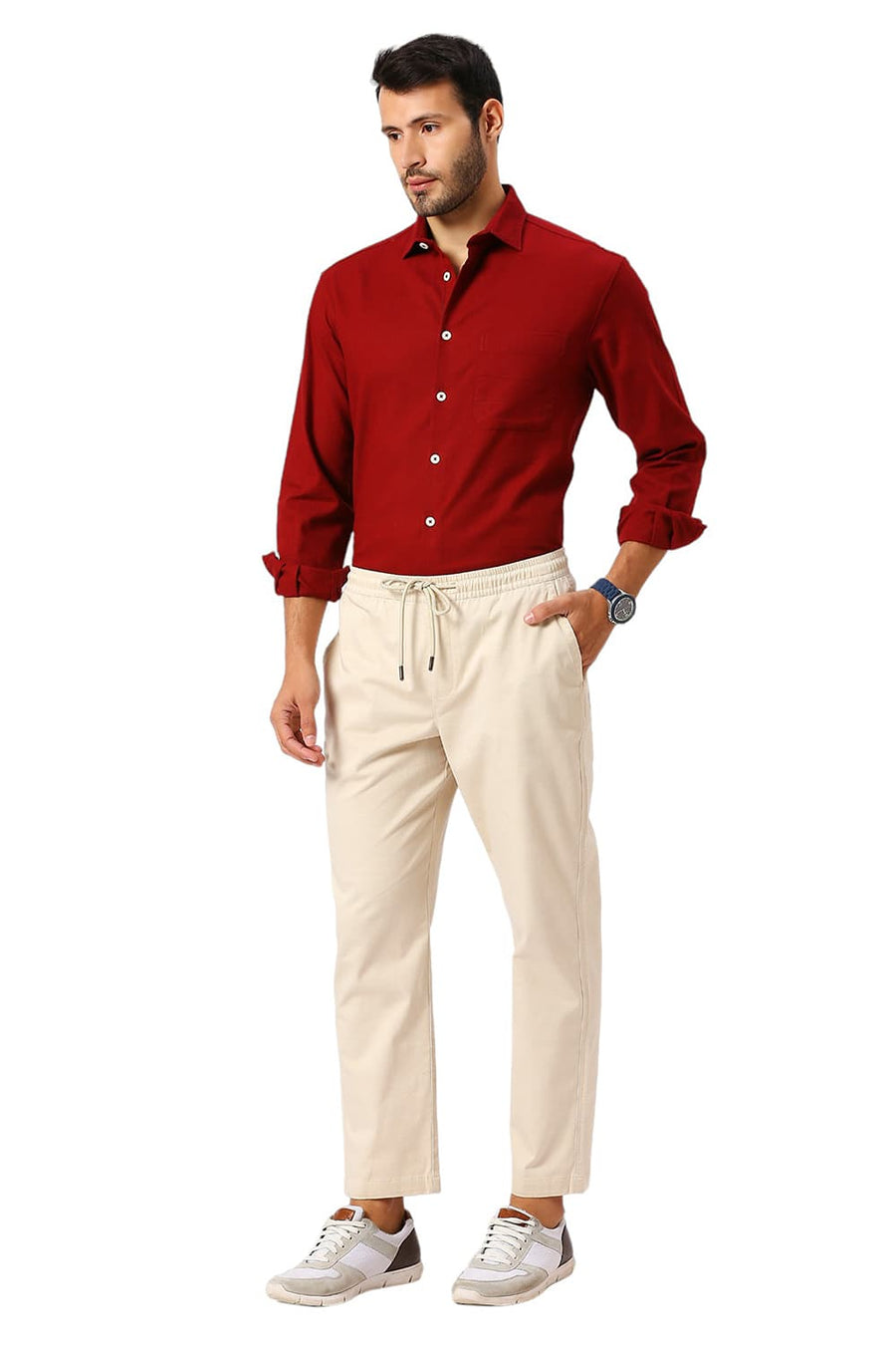 BASICS RELAXED FIT ALMOND BEIGE COTTON STRETCH DOBBY TROUSERS