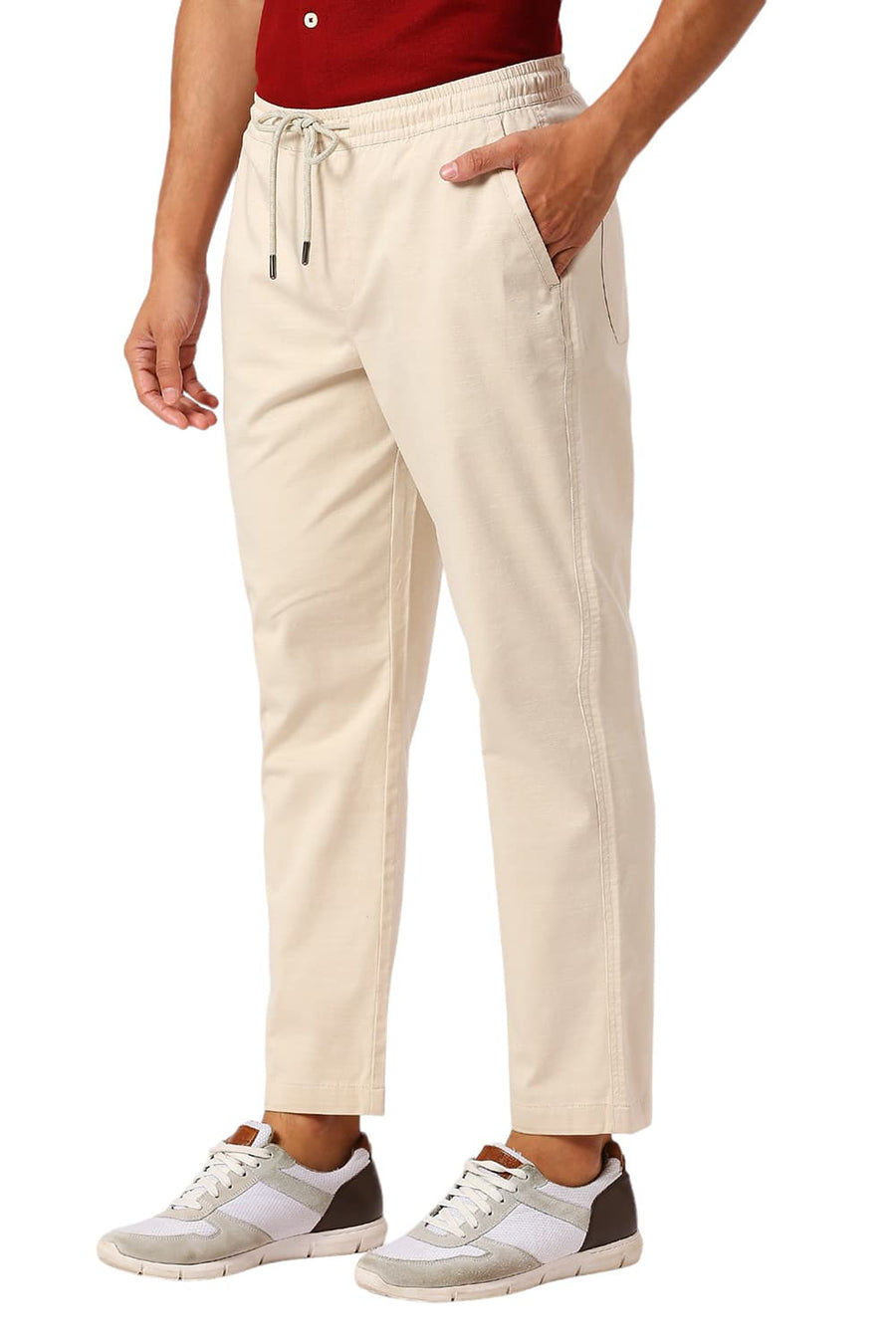 BASICS RELAXED FIT ALMOND BEIGE COTTON STRETCH DOBBY TROUSERS