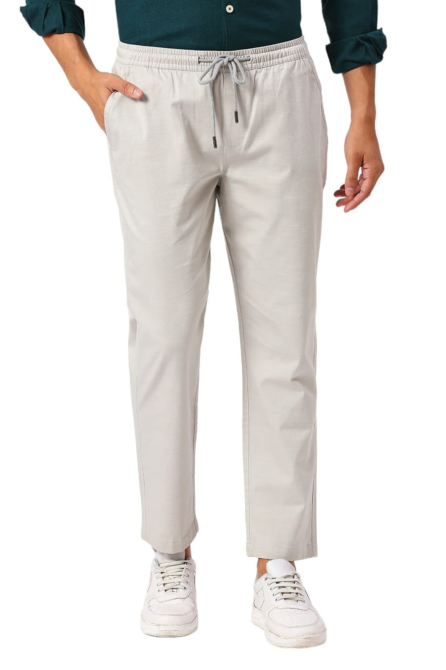BASICS RELAXED FIT BELGIAN GREY COTTON STRETCH DOBBY TROUSERS