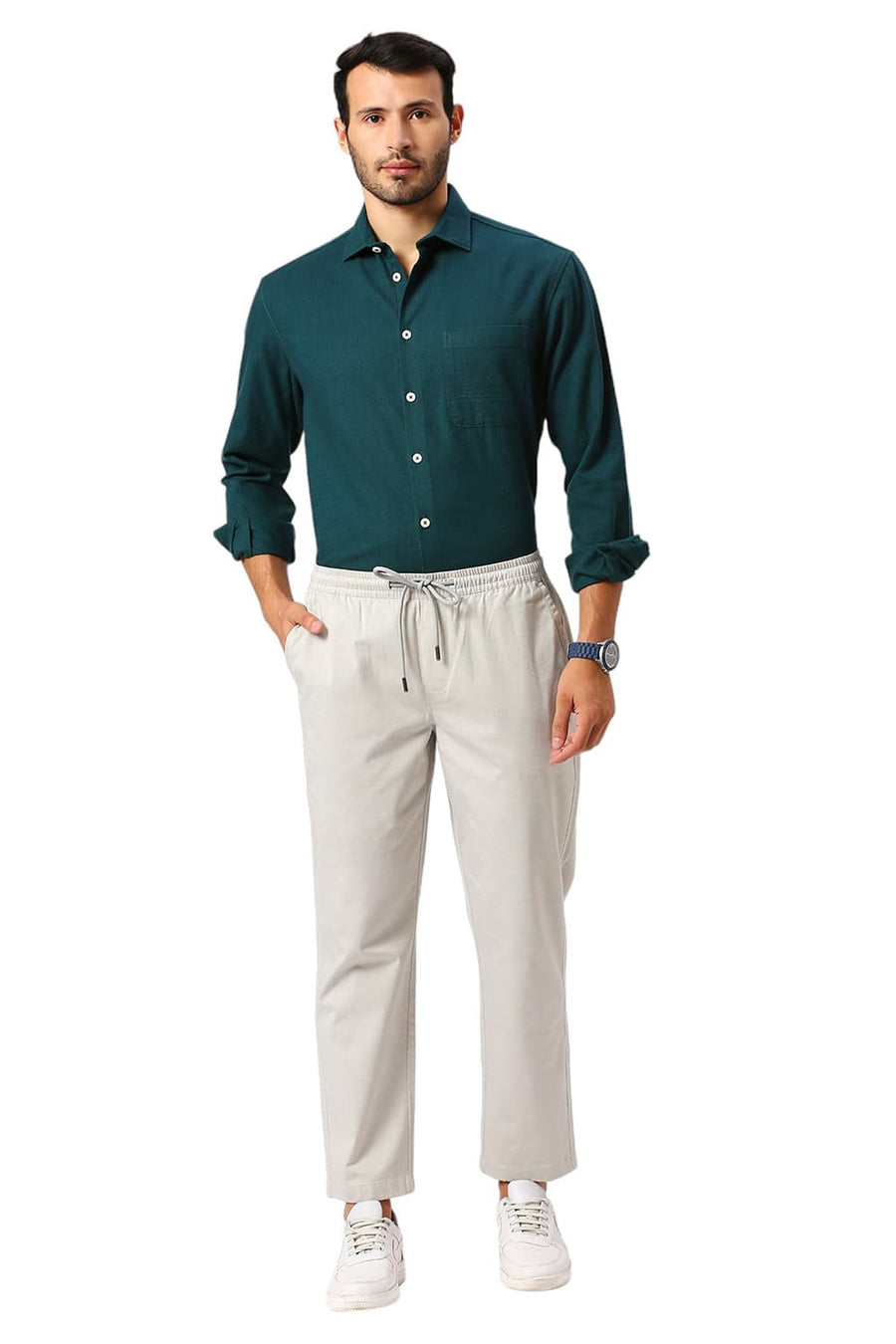 BASICS RELAXED FIT BELGIAN GREY COTTON STRETCH DOBBY TROUSERS