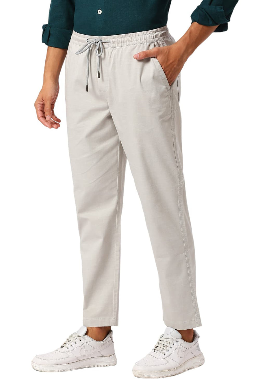 BASICS RELAXED FIT BELGIAN GREY COTTON STRETCH DOBBY TROUSERS