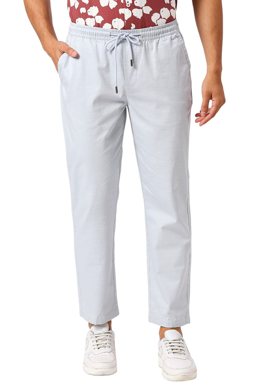 BASICS RELAXED FIT AIR BLUE COTTON STRETCH DOBBY TROUSERS