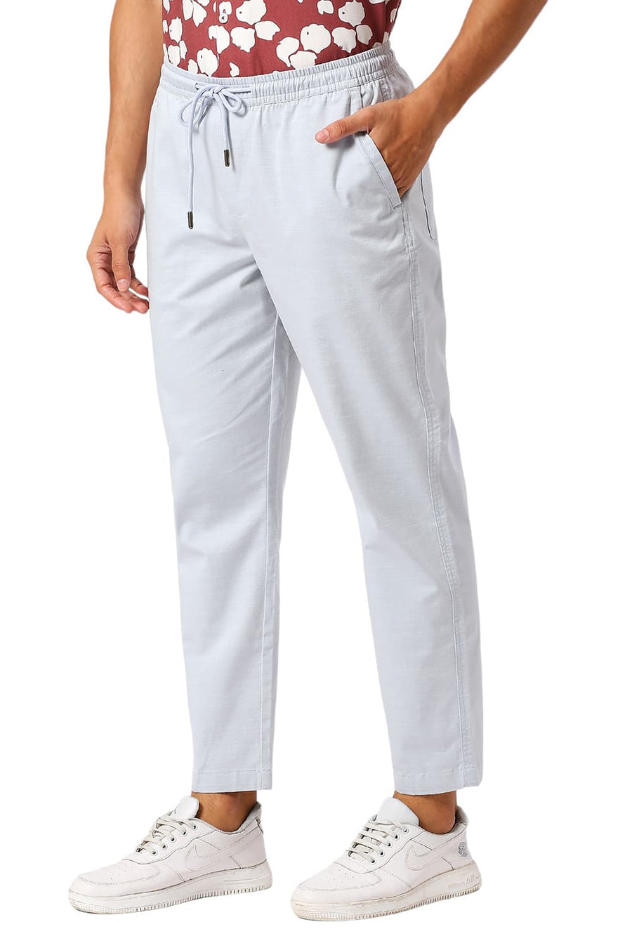 BASICS RELAXED FIT AIR BLUE COTTON STRETCH DOBBY TROUSERS
