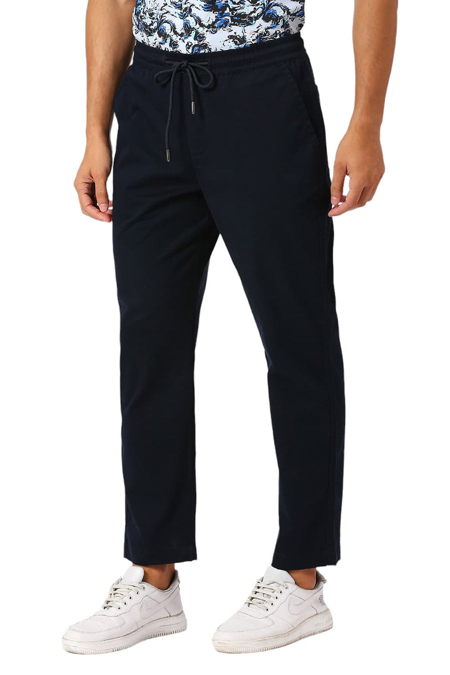 BASICS RELAXED FIT BLUEBERRY NAVY COTTON STRETCH DOBBY TROUSERS