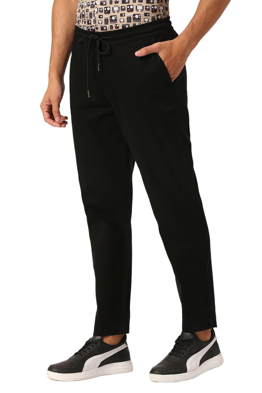 BASICS RELAXED FIT ANTHRACITE BLACK COTTON STRETCH DOBBY TROUSERS