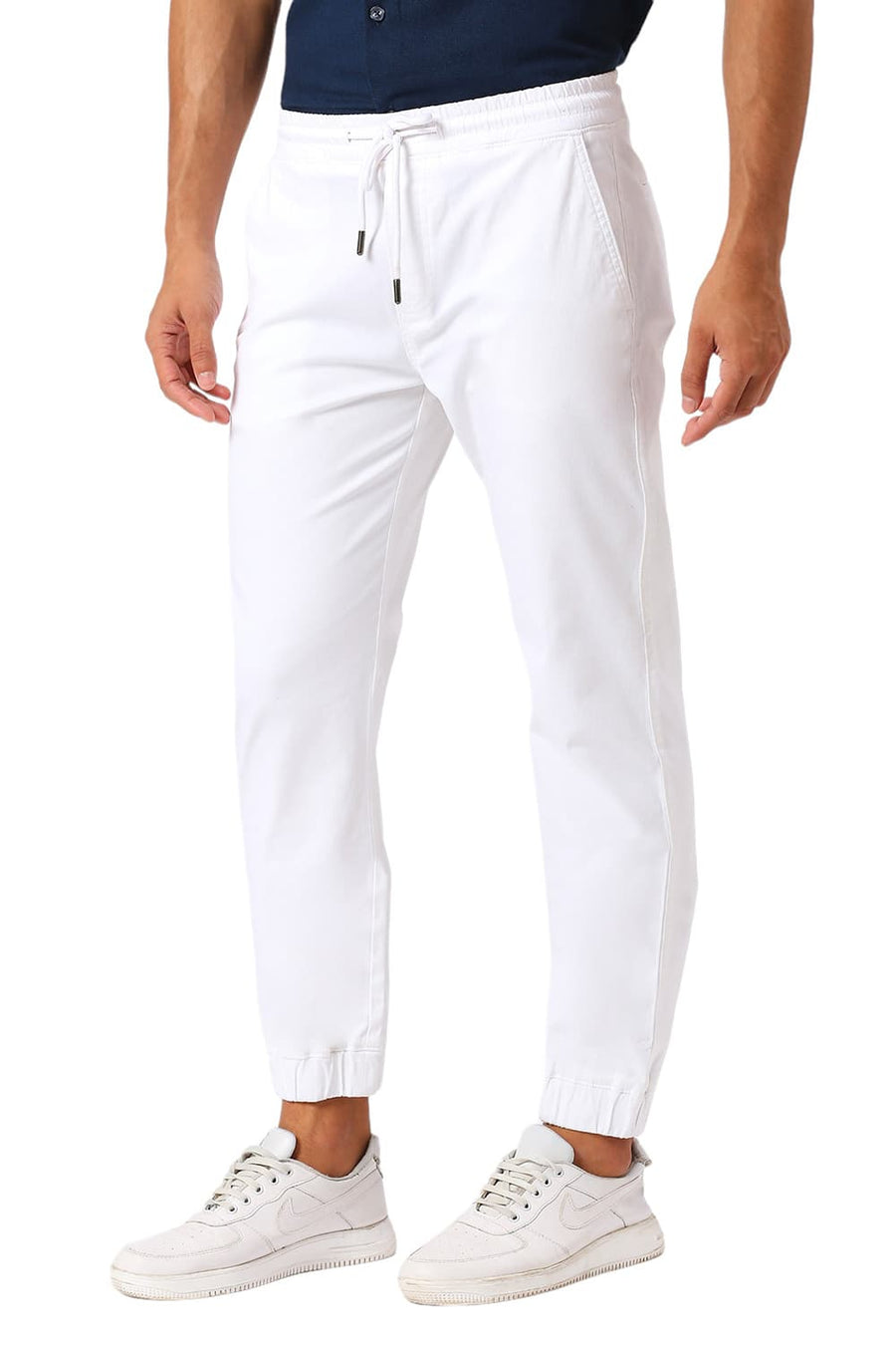 BASICS DRIFT FIT BRIGHT WHITE COTTON STRETCH DOBBY TROUSERS