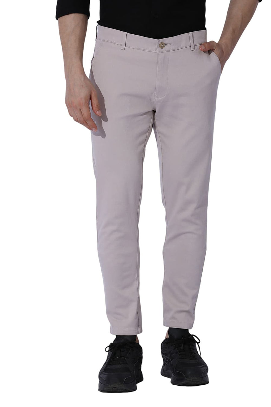 BASICS SKINNY FIT MUSHROOM BEIGE COTTON STRETCH DOBBY TROUSERS