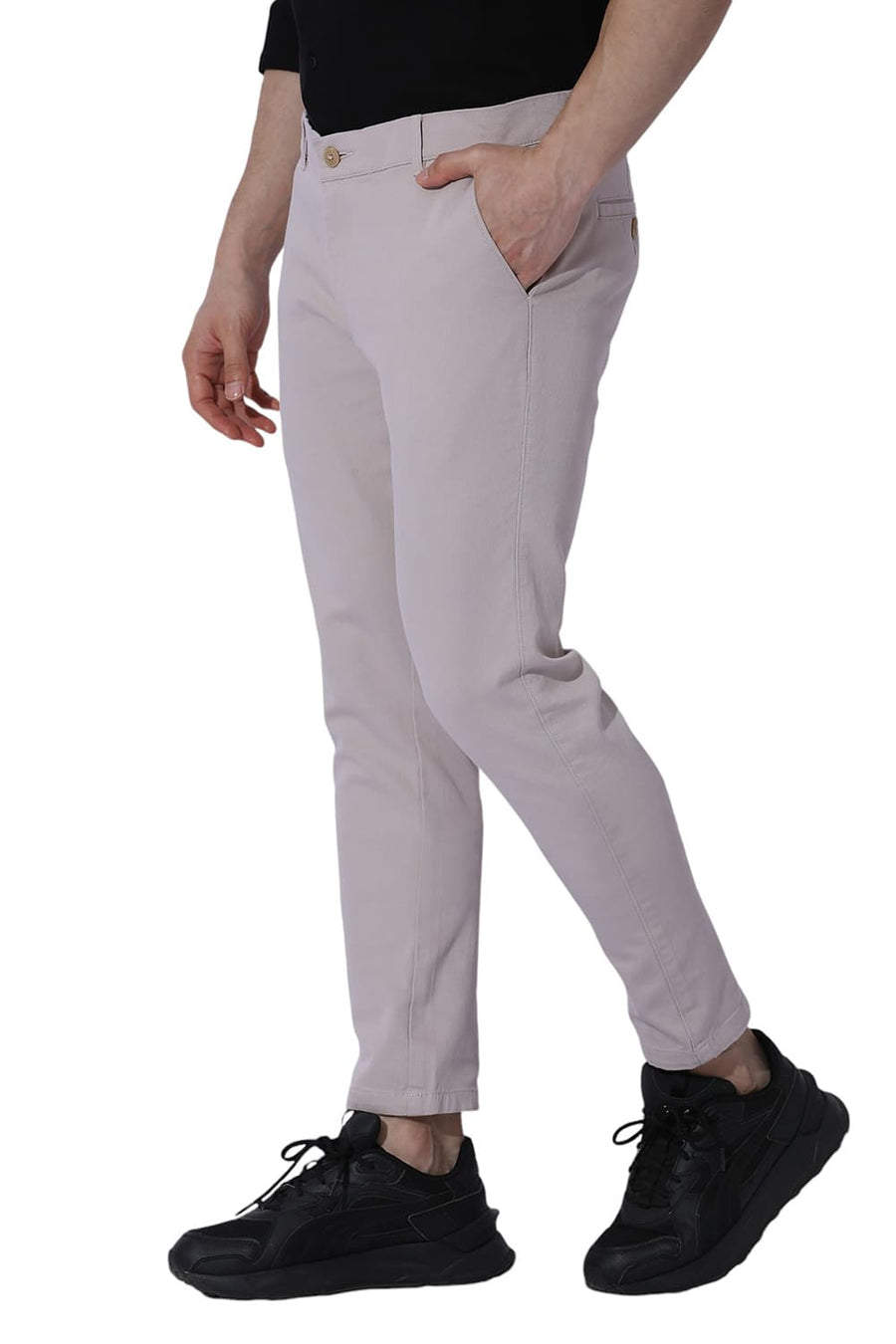 BASICS SKINNY FIT MUSHROOM BEIGE COTTON STRETCH DOBBY TROUSERS