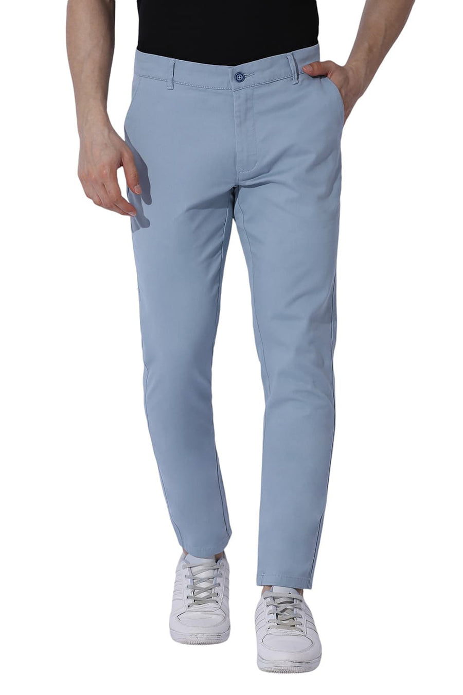 BASICS SKINNY FIT ARONA LIGHT BLUE COTTON STRETCH DOBBY TROUSERS