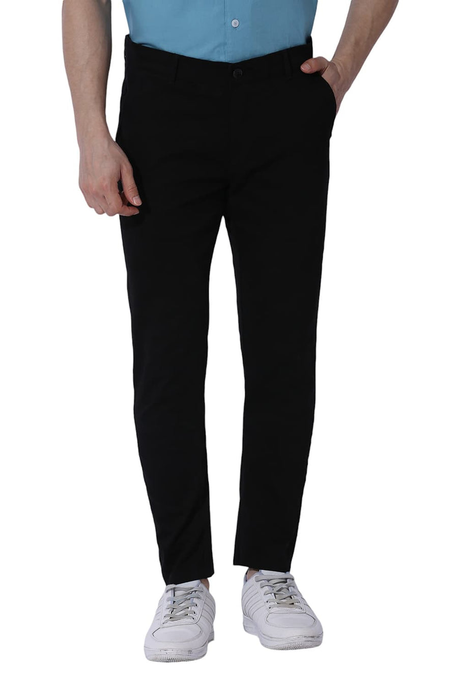 BASICS SKINNY FIT JET BLACK COTTON STRETCH DOBBY TROUSERS