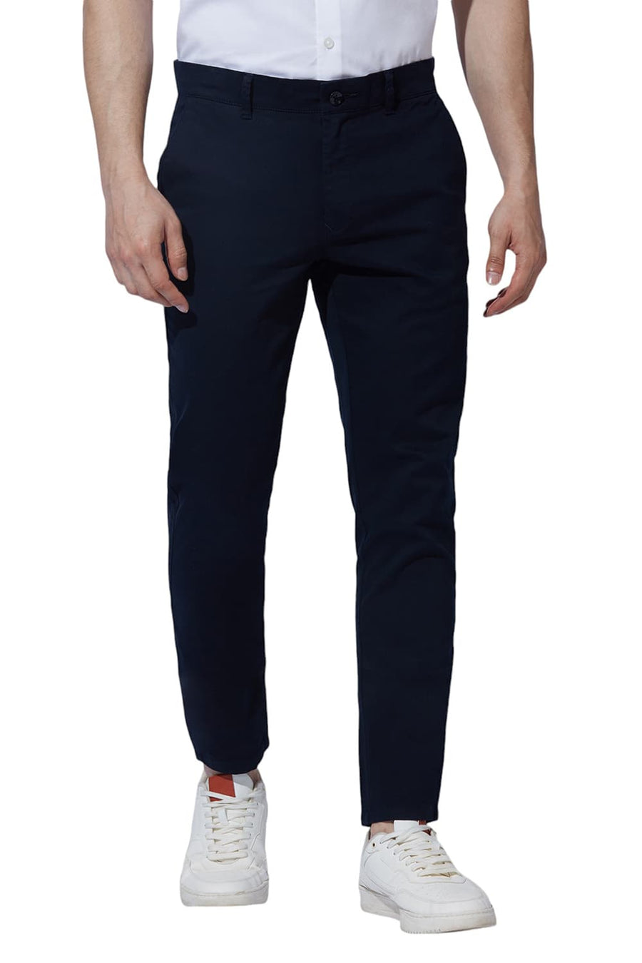 BASICS SKINNY FIT CARBON NAVY COTTON STRETCH DOBBY TROUSERS