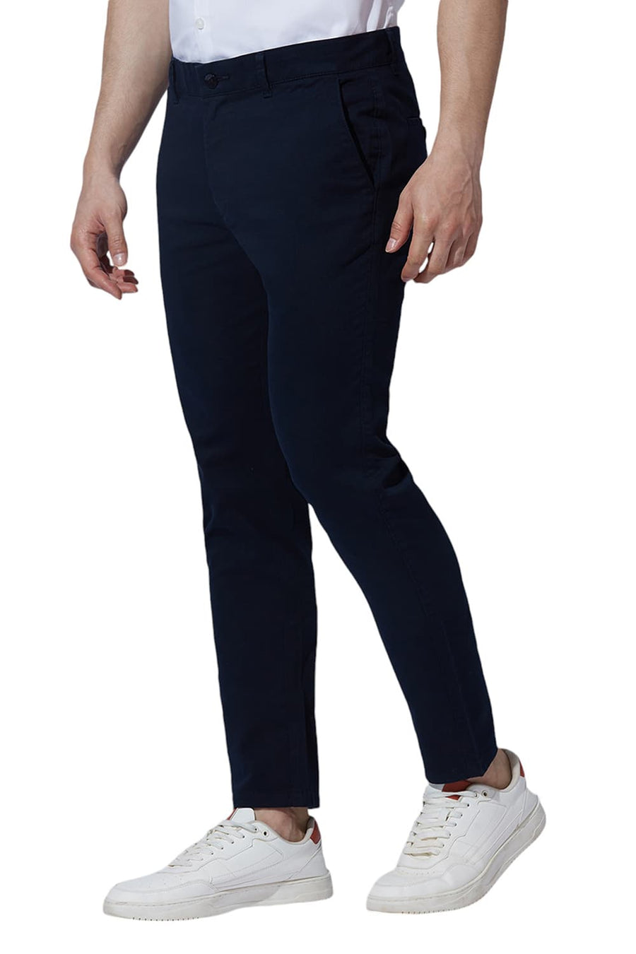 BASICS SKINNY FIT CARBON NAVY COTTON STRETCH DOBBY TROUSERS